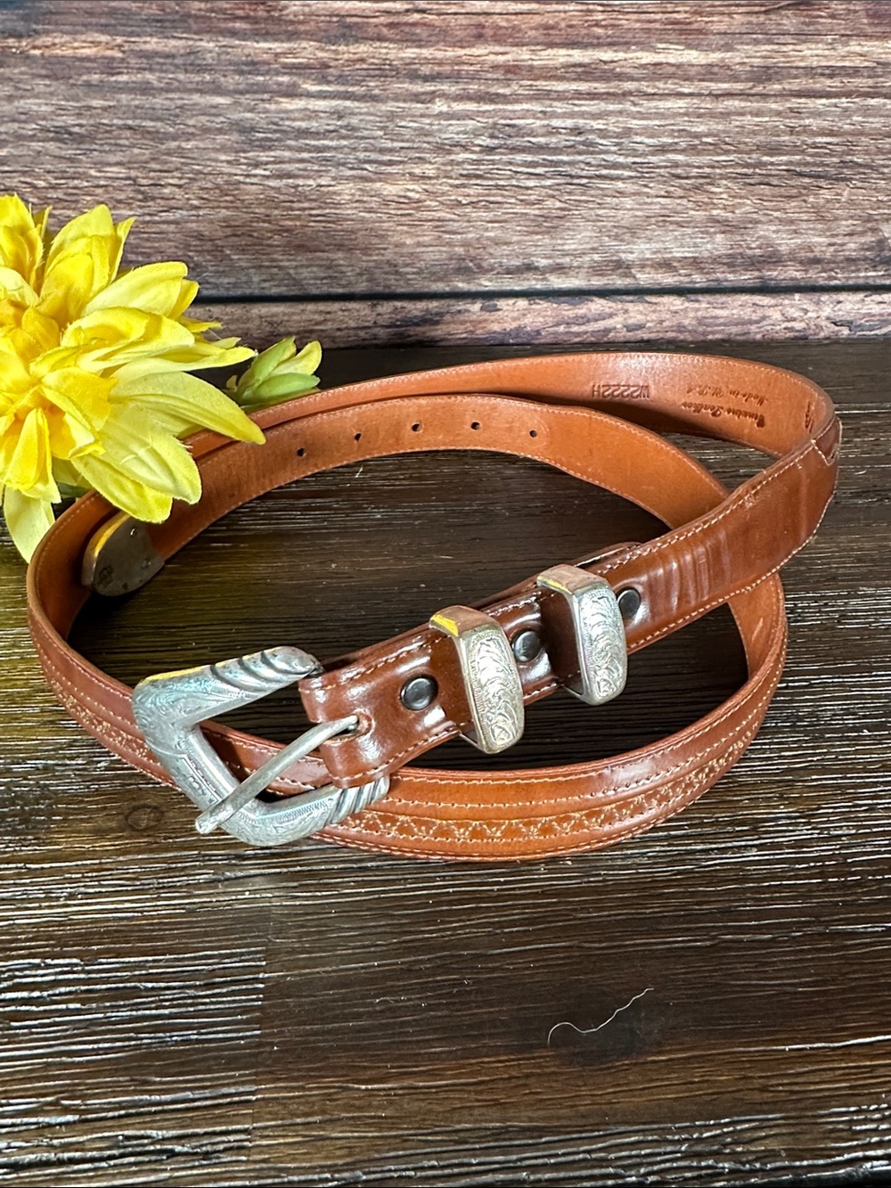 Lucchese Brown Leather Western Belt with Engraved Silver Buckle!